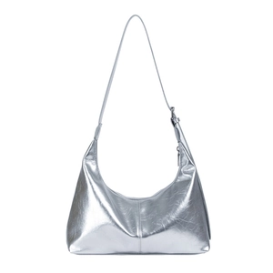 Silver metallic hobo shoulder bag with pleated texture and adjustable strap in minimalist style