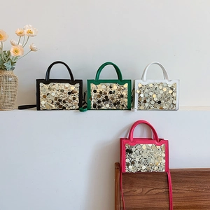 Mini borsa quadrata chic con paillettes e manico in nero verde bianco rosa fucsia