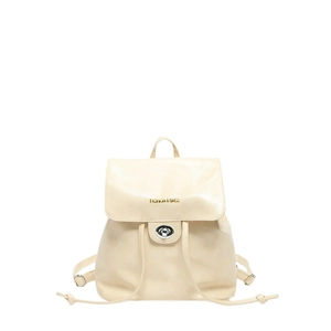 Chic cream glossy faux leather backpack with flap closure and adjustable shoulder straps
