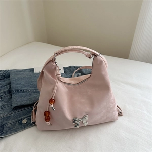 Borsa a Spalla Hobo da Donna in Pelle PU Con Fiocco in Metallo e Ciondolo con Perline 2024 Grande Capacità Borsa a Mano