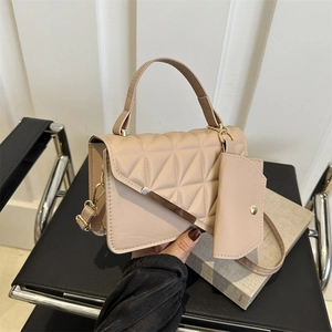 Urban Simple Women PU Leather Quilted Shoulder Crossbody Bag Set With Mini Pouch Gold Metal Decor Solid Color Diamond Lattice Square Handbag