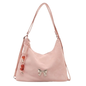 Borsa a spalla hobo rosa con fiocco argentato e dettagli decorativi in legno