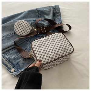 Detail of retro plaid camera bag with wide nylon strap and small round coin purse