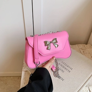Women Stylish PU Leather Bow Square Shoulder Bag Metal Chain Strap Magnetic Closure Underarm Small Crossbody Handbag