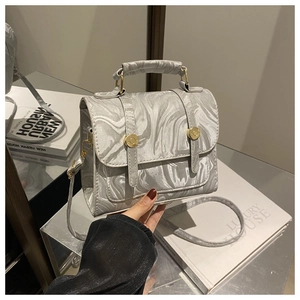 Detail of silver marble pattern texture and golden round buckle on stylish square bag