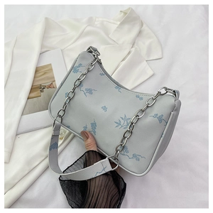 Detail of light blue floral handbag featuring silver chain strap and PU leather texture