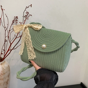 Women Woven Straw Shoulder Bag Bohemian Summer Beach Crossbody Bag With Artificial Pearl Button And Lace Bow Decor Elegant Lady Bag
