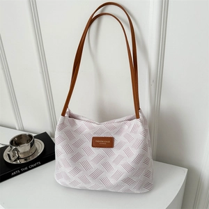 Women Woven Tote Bag Large Capacity Nylon Shoulder Bag With Contrast Color Leather Handle Minimalist Commuting Underarm Handbag