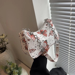 Sac à Épaule en Nylon Imprimé Papillon pour Femmes Sac Sous le Bras à la Mode Avec Chaîne Métallique Élégant Simple
