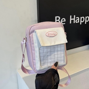 Petit Sac Bandoulière en Nylon pour Femme Sac Carré avec Poche Transparente Patchwork Fashion Happy Étiquette Bandoulière Réglable