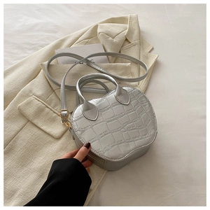 Detailed view of silver apple-shaped handbag with crocodile texture and metal zipper