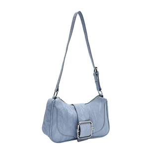 Modern light blue shoulder bag with textured leather and large silver square buckle
