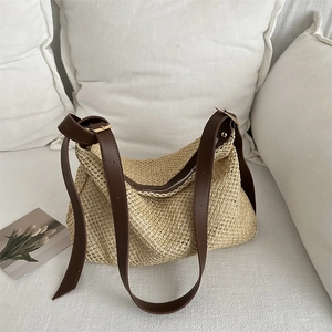 Fashion Women Hand-woven Straw Shoulder Bag Large Capacity Tote Bag For Summer Beach Vacation Casual Hobo Bag With Zipper