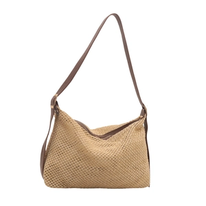 Large capacity woven straw shoulder tote bag with brown leather straps for women