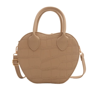 Apple-shaped khaki handbag with crocodile texture and adjustable shoulder strap