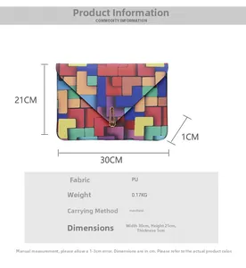 Size diagram of colorful geometric envelope clutch with 30cm width and 21cm height details