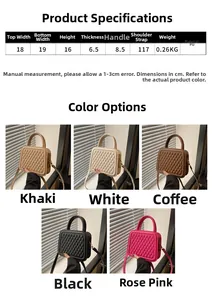 Size guide for chic quilted PU leather crossbody bag with dimensions and 5 color options