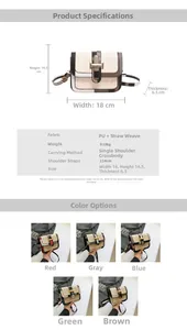 Detailed size specifications for the woven contrast color crossbody bag with dimensions