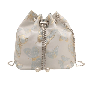 New Chinese style butterfly embroidered bucket bag with silver chain and pearl details