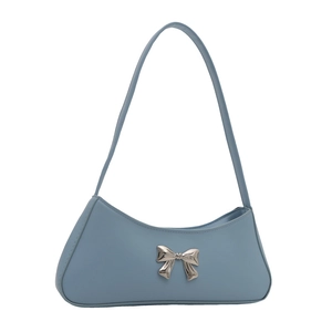Light blue faux leather underarm bag with a decorative silver metal bow charm for women