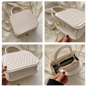 Multi-angle views of cream crossbody bag featuring quilted design and interior zip pocket