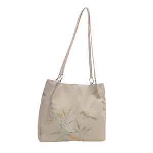 Elegant white tote bag with gold bamboo embroidery and blue bird patterns in Chinese style
