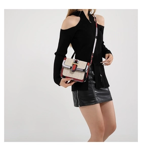Detail of woven crossbody bag featuring tricolor leather trim and golden metal clasp