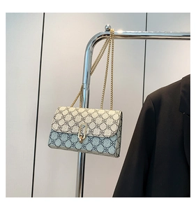Close-up of retro floral canvas small square bag with golden chain and U-shaped lock