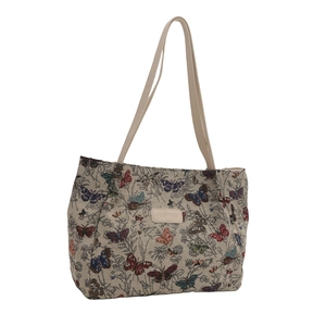Chic butterfly print tote bag with beige leather handles for daily commute