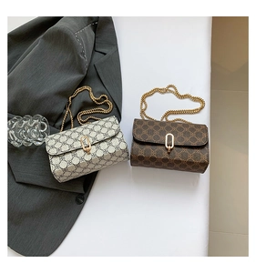 Detail of retro crossbody bags with gold chain straps in cream and brown colors