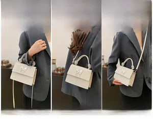 Aperçu en trois positions du sac à main beige carré avec papillon argenté