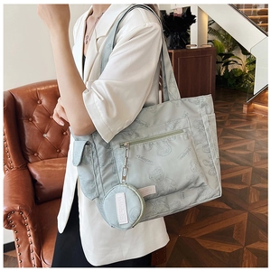 Detail of light blue tote bag with cute bear patterns and detachable round coin purse