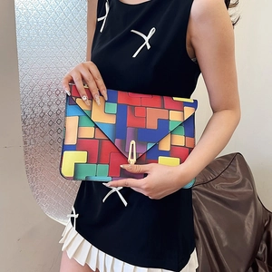 Chic multi-color geometric envelope clutch bag with gold lock for women's summer style