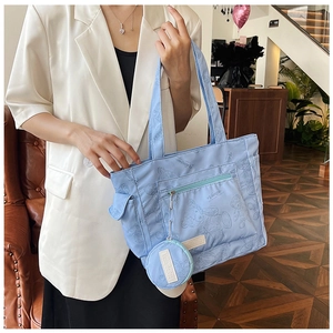 Detail of light blue tote bag with cute bear print and matching round coin purse