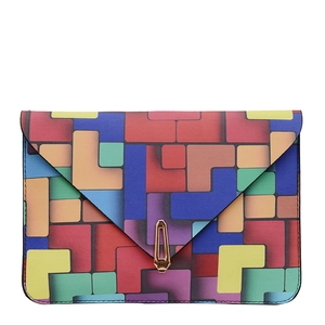 Fashionable envelope clutch bag with colorful geometric patterns and gold shield lock