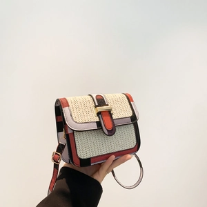 Fashion Woven Color Block PU Leather Small Square Crossbody Bag Women Summer Vintage Straw Shoulder Bag With Metal Buckle