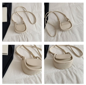 Detailed views of a beige mini saddle bag with golden hardware and adjustable strap