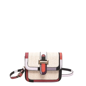 Fashion woven straw crossbody bag with colorful contrast geometric trim and gold buckle