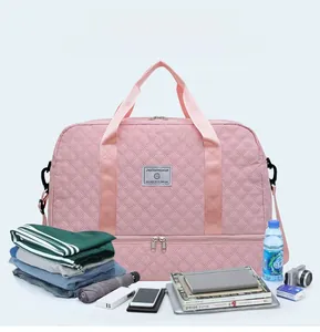 Pink quilted travel bag showing large capacity with shoes, clothes, and accessories