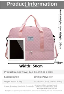 Pink quilted travel bag with 50x26x37cm dimensions showing dry-wet separation pocket