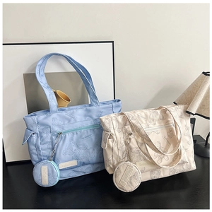 Detail of nylon tote bags featuring cute bear prints and round hanging coin purses