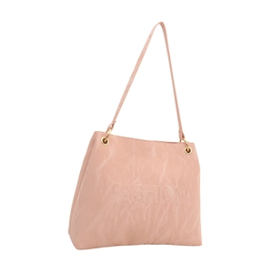 Pink fashion tote bag with wrinkled texture and embossed FASHION lettering