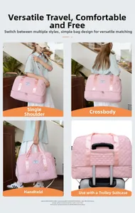 Pink quilted travel bag featuring a luggage sleeve and a separate shoe compartment