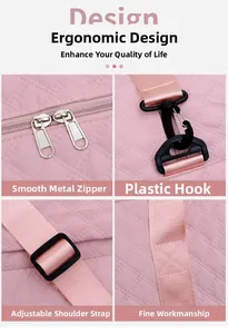 Close-up of pink quilted fabric with dual silver zippers and adjustable woven strap hooks