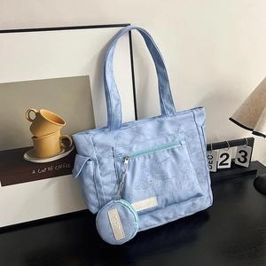 Cartoon Bear Print Nylon Tote Bag For Women Large Capacity Shoulder Bag With Round Coin Purse Casual Commuting Handbag