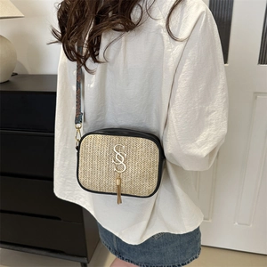 Straw woven crossbody camera bag with metal SS logo and jacquard strap for women