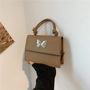 Sac à Épaule en Cuir PU pour Femmes Poignée Nouée Décoration Papillon en Métal Petit Sac Carré Sac à Main