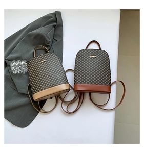 Detail of two vintage mini backpacks with geometric checkered patterns and metal logo