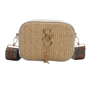 Straw camera crossbody bag with CS gold logo and bohemian colorful geometric strap