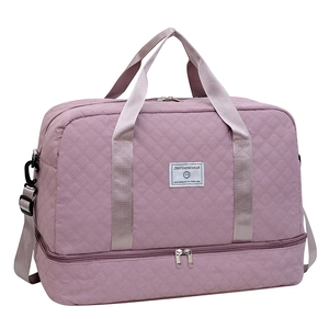 Quilted lavender travel bag with shoe compartment and waterproof nylon fabric